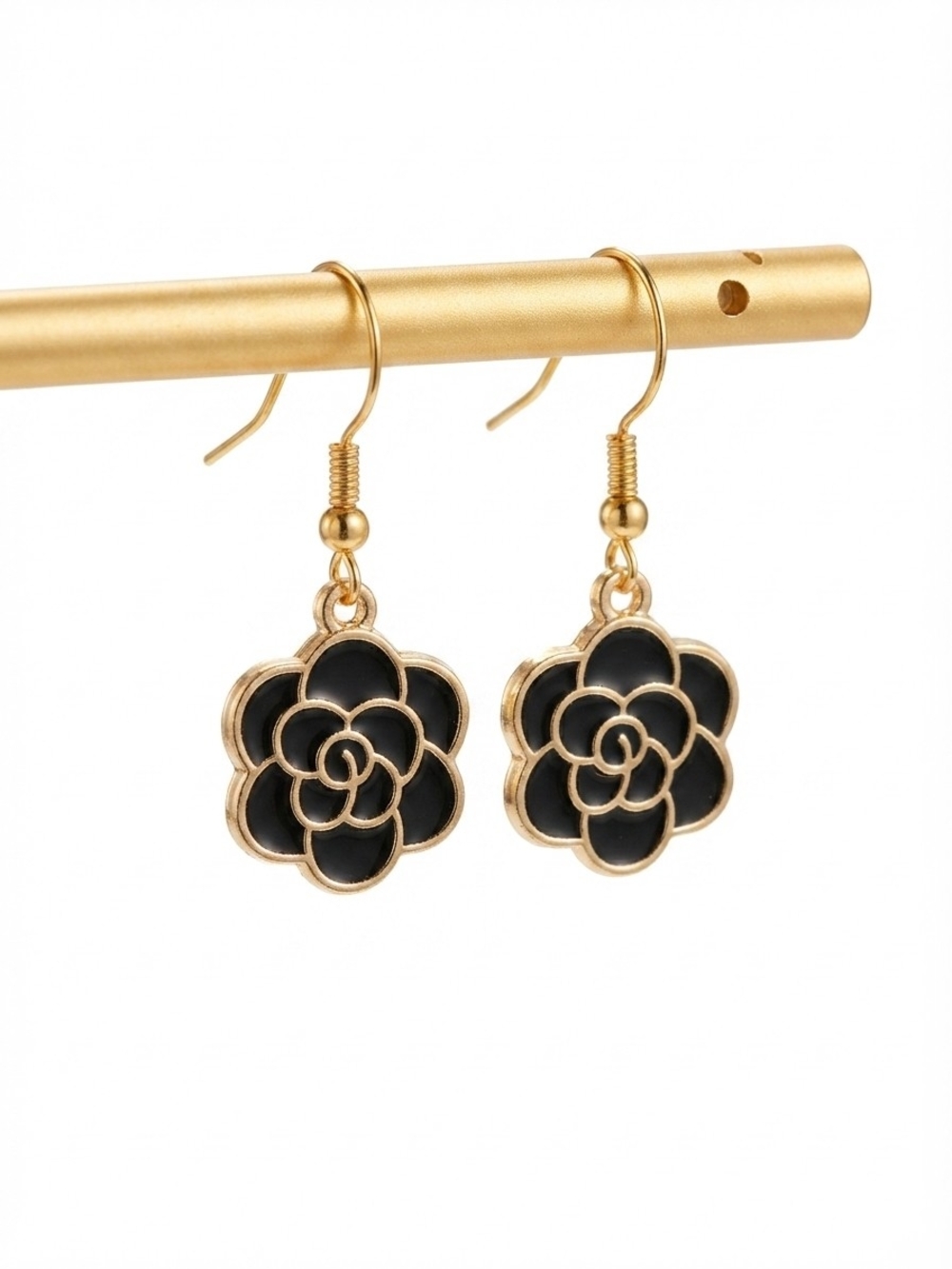 NWT Gold-Toned & Black Enamel Camellia Flower Dangle Drop Earrings